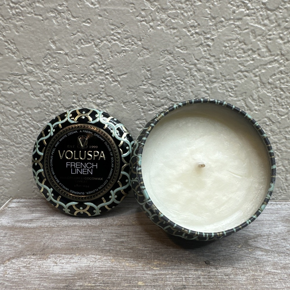$15 🌙 Voluspa French Linen 4oz. Mini Tin Handpoured Cocowax Candle USA New